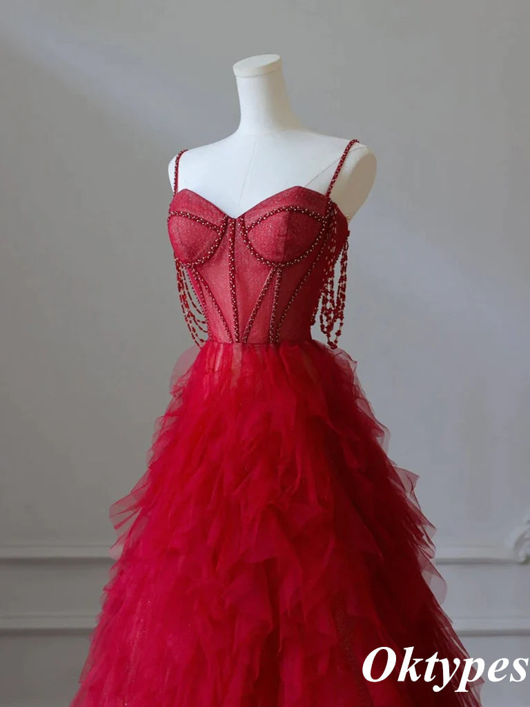 Elegant Red Spaghetti Straps Sleeveless Beading Tulle Long A-Line Evening Gown, PDS1056