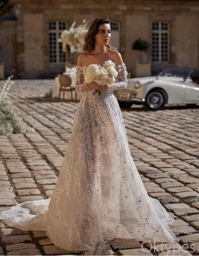 Elegant Lace Beaded Off Shoulder With Trailing Mermaid Long Wedding Dresses,WDS0145