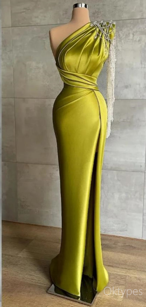 Unique Emerald One Shoulder Beading Side Slit Floor-Length Prom Dresses PDS1134