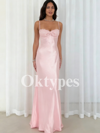 Simple Pink Evening Gowns Long Women Prom Dresses Maxi Lace Satin Chic Graduation Dresses