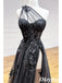 Sexy Black One Shoulder Sweetheart Appliques Side Slit Tulle Floor-Length A-Line Formal Dresses, PDS1058