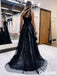 Sexy Black One Shoulder Sweetheart Appliques Side Slit Tulle Floor-Length A-Line Formal Dresses, PDS1058