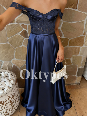 Navy Blue Satin Prom Dress with Lace Corset and Off-the-shoulder Detail