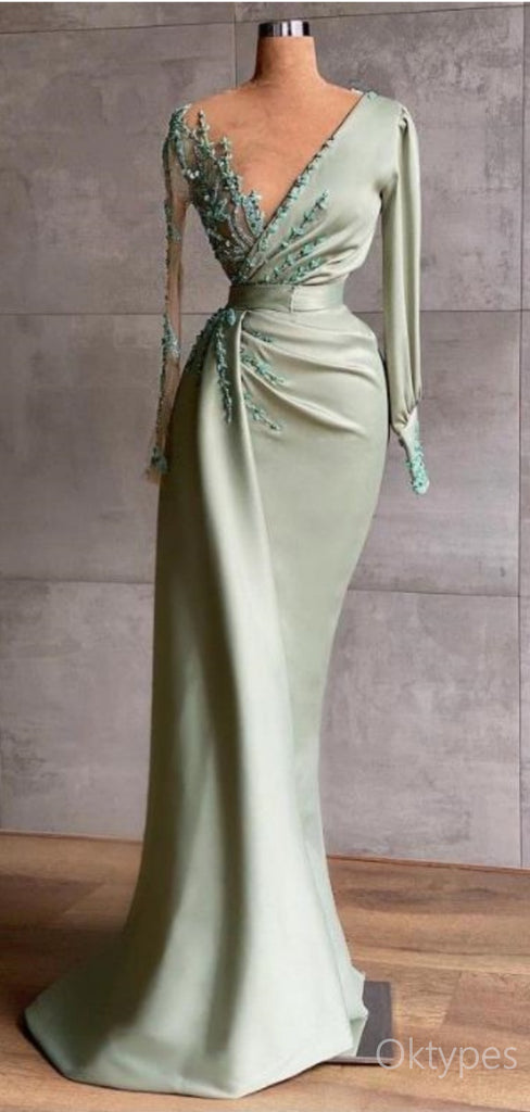 Green Elegant Beaded Full Sleeve Empire Mermaid Floor-Length Prom Dresses PDS1145