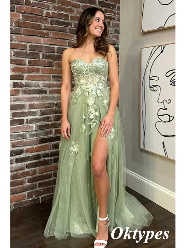 Sexy Sage Tulle And Lace Sweetheart Side Slit A-Line Long Prom Dresses, PDS1040