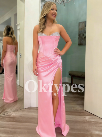 Sequin Mermaid Slit Sexy Pink Evening Gowns Long Prom Dresses Satin Cocktail Dress