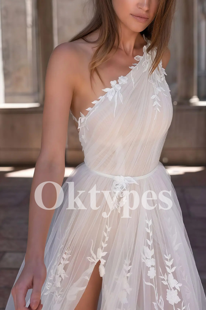 One-Shoulder Wedding Dress - Floral Lace Bridal Gown with High Slit