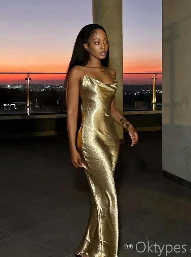 Sexy Gold Cowl Spaghetti Strap Mermaid Floor-Length Prom Dresses PDS1151