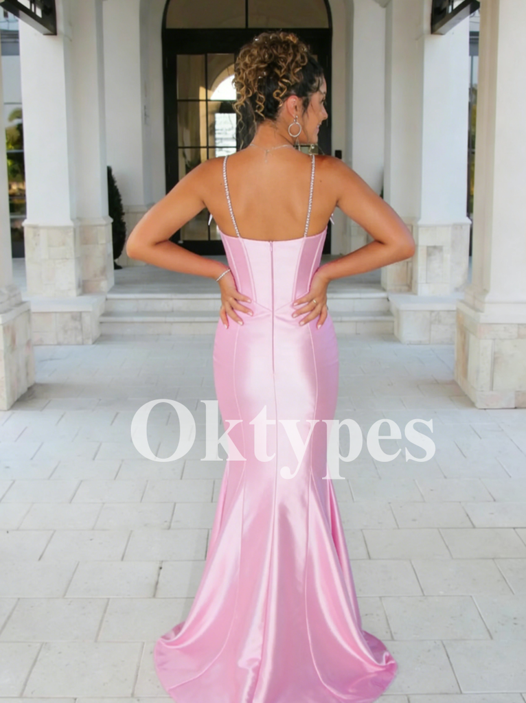 Mermaid Pink Evening Gowns Long Women Prom Dresses Satin Sequin Cocktail Dress Formal