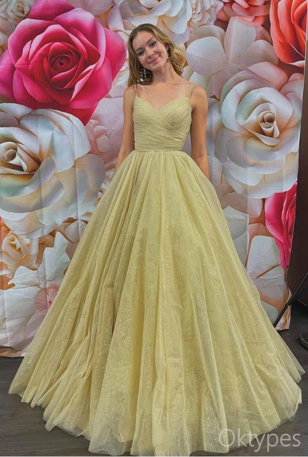 Simple Yellow Spaghetti Strap V-Neck A-Line Tulle Prom Dresses PDS1087