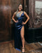 Blue Sexy One Shoulder Side Slit Satin Women Floor-Length Prom Dresses PDS1193