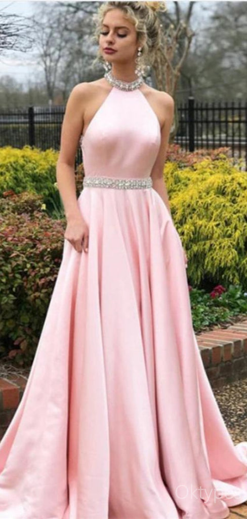 Pink Cute Halter Beaded Backless Criss-Cross A-Line Women Floor-Length Prom Dresses PDS1230