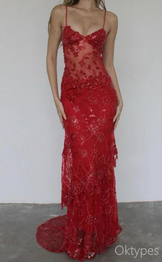 Red Appliqued Spaghetti Strap See Though Floor-Length Prom Dresses PDS1185