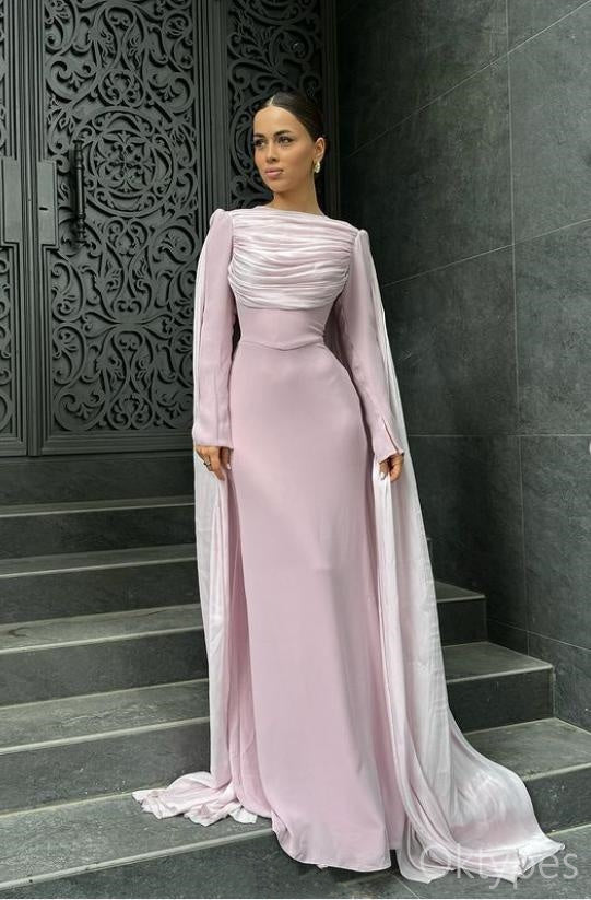 Simple High Neck Coral Full Sleeve Women Floor-Length Prom Dresses PDS1153