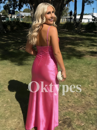 Hot Pink Satin Prom Dress with 3D Rosette and Sexy Bows and High Slit 2026 Strapless
