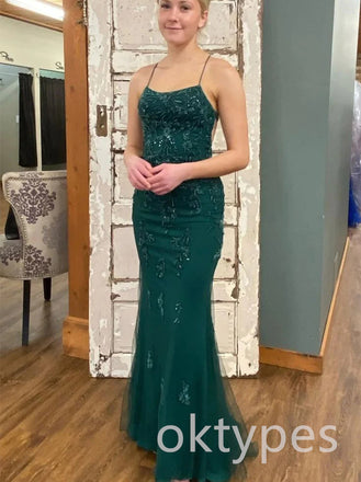 Emerald Spaghetti Straps Sleeveless Mermaid Long Women Prom Dresses PDS1263