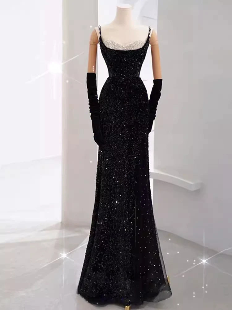 Gorgeous Black Side Slit Spaghetti Strap Evening Dresses, PDS1061