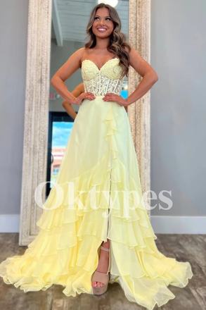 Elegant Yellow Lace Prom Gown Trending 2026 Fairytale Styles with Slit Layered Ruffle Skirt