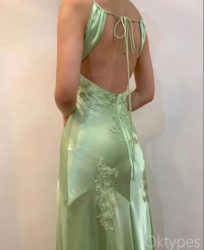 Green Appliqued V-Neck Spaghetti Strap Floor-Length Prom Dresses PDS1183