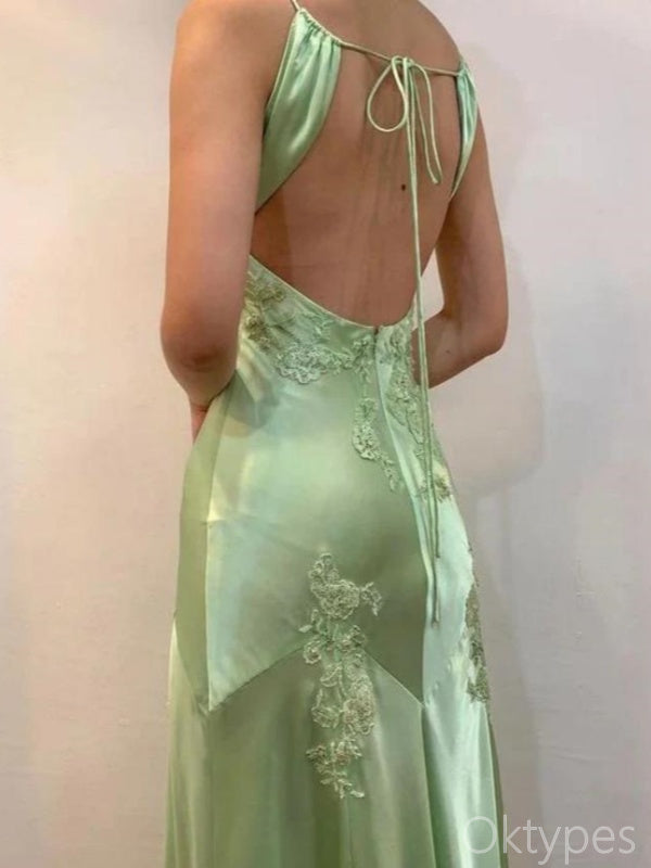 Green Appliqued V-Neck Spaghetti Strap Floor-Length Prom Dresses PDS1183