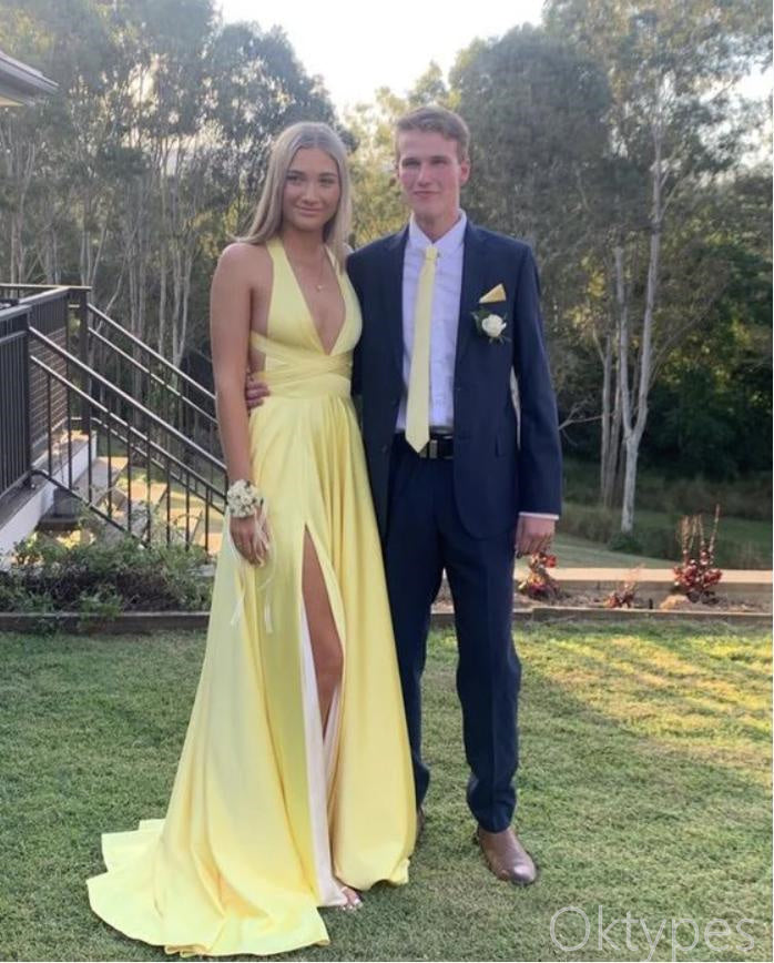 Sexy V-Neck Yellow Side Slit Spaghetti Strap Floor-Length Prom Dresses PDS1181