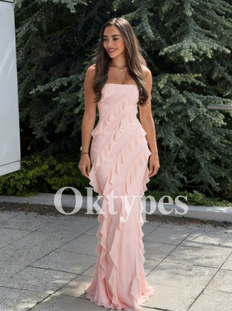 Pink Off Shoulder Chiffon Sheath Floor-Length Women Prom Dresses Ruffles Long Formal Wedding Party