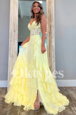 Elegant Yellow Lace Prom Gown Trending 2026 Fairytale Styles with Slit Layered Ruffle Skirt
