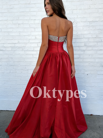 Luxury Red Satin Dress | Sparkling Crystal Top & Full Ball Gown Skirt