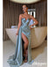 Elegant Elastic Satin Sweetheart V-Neck Sleeveless Side Slit Mermaid Long Prom Dresses, PDS0988