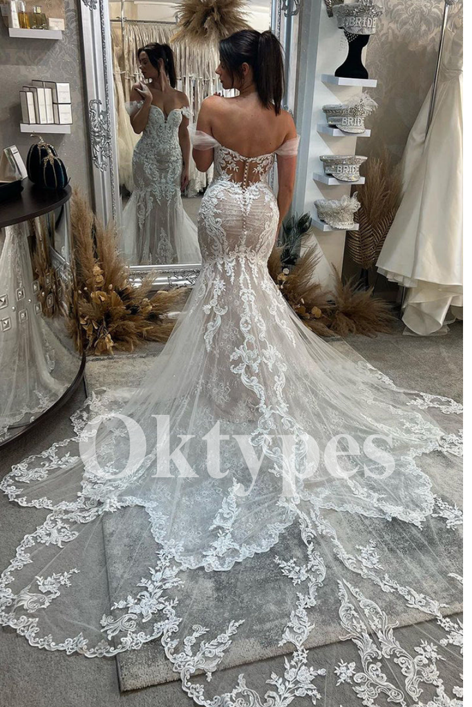 Off-the-Shoulder Satin Wedding Dresses Bow Back Bridal Gown with Train