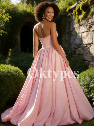 Pink Satin Ball Gown with Bows Evening Dresses Floor Length Women Prom Dresses Elegant