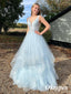 Sexy Light Bule Tulle Spaghetti Straps V-Neck A-Line Long Prom Dresses With Lace, PDS1009