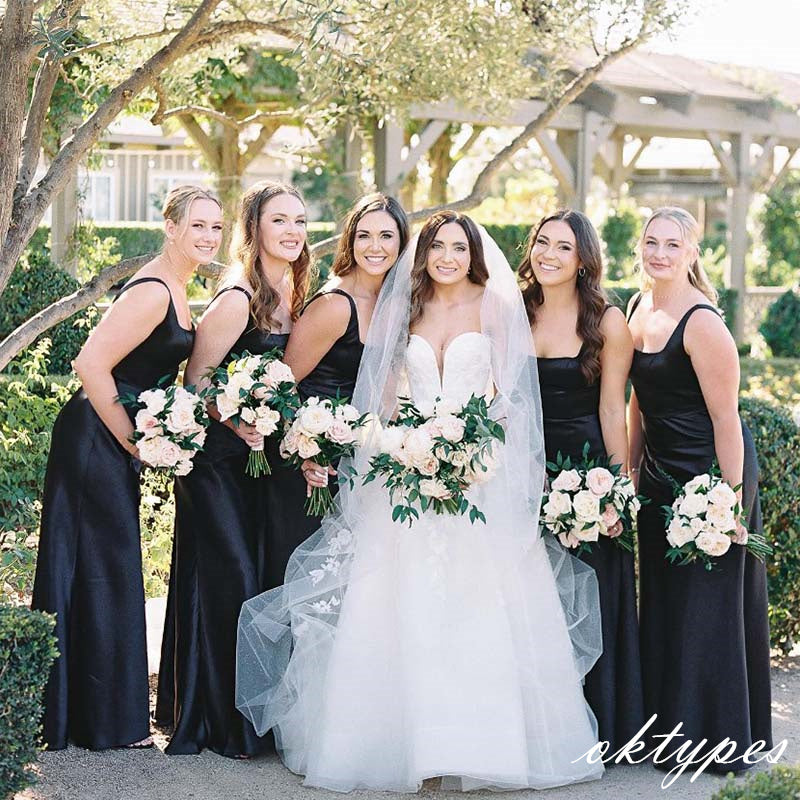 Mismatched Black Spaghetti Strap Round Neck Long Bridesmaid Dresses On – Oktypes