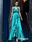 Sexy Elastic Satin Spaghetti Straps V-Neck Side Slit -Line Long Prom Dresses, PDS1018