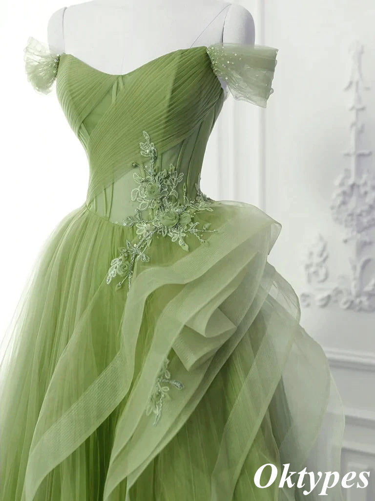 Elegant Light Green Appliques Sleeveless Sweetheart Tulle A-Line Long Evening Dresses, PDS1045