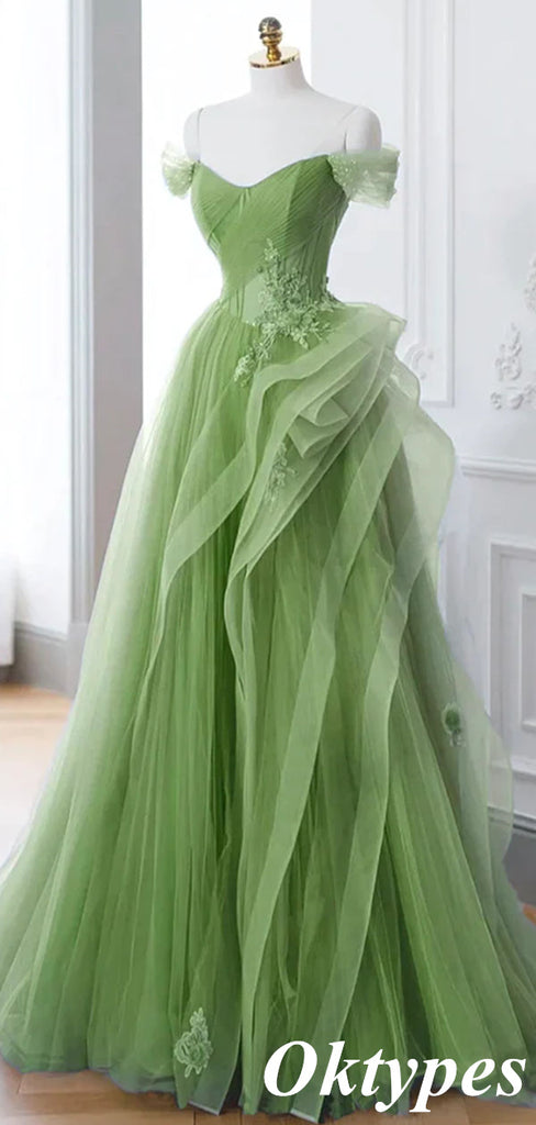 Elegant Light Green Appliques Sleeveless Sweetheart Tulle A-Line Long Evening Dresses, PDS1045