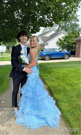 Blue Princess Mermaid Spaghetti Strap Ruffle Women Floor-Length Prom Dresses PDS1218