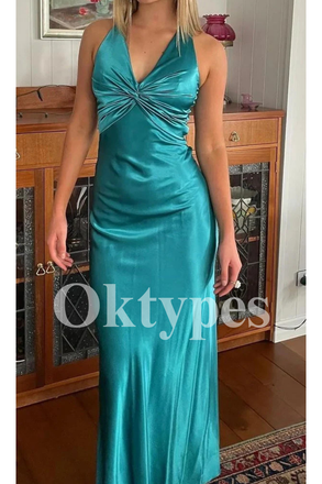 Elegant Teal Satin Prom Dress with V-Neck Knot Detail and Sexy Silhouette 2026