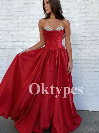 Luxury Red Satin Dress | Sparkling Crystal Top & Full Ball Gown Skirt
