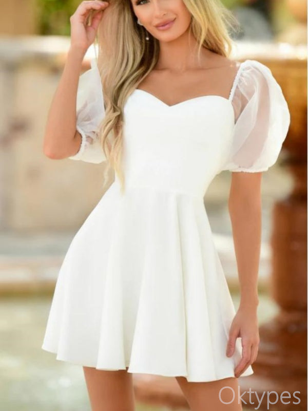 Simple White Square Cap Shoulder  A-Line Women Mini Dresses Homecoming Dresses, PDS0571