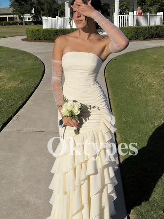 Champagne Ruched Prom Dress with Tiered Ruffles Trending 2026 Prom Styles Bodycon Formal Gown