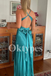 Elegant Teal Satin Prom Dress with V-Neck Knot Detail and Sexy Silhouette 2026