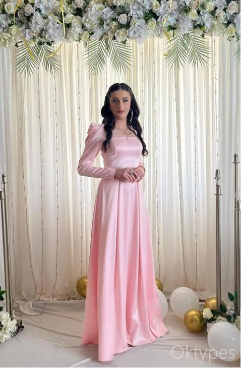 Princess Pink Full Sleeve A-Line Floor-Length Prom Dresses PDS1127