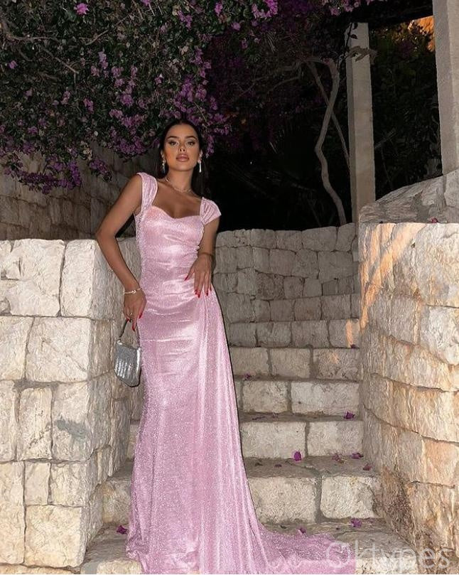 Sparkly Pink Cap Shoulder Mermaid With Trailing Floor-Length Prom Dresses PDS1137