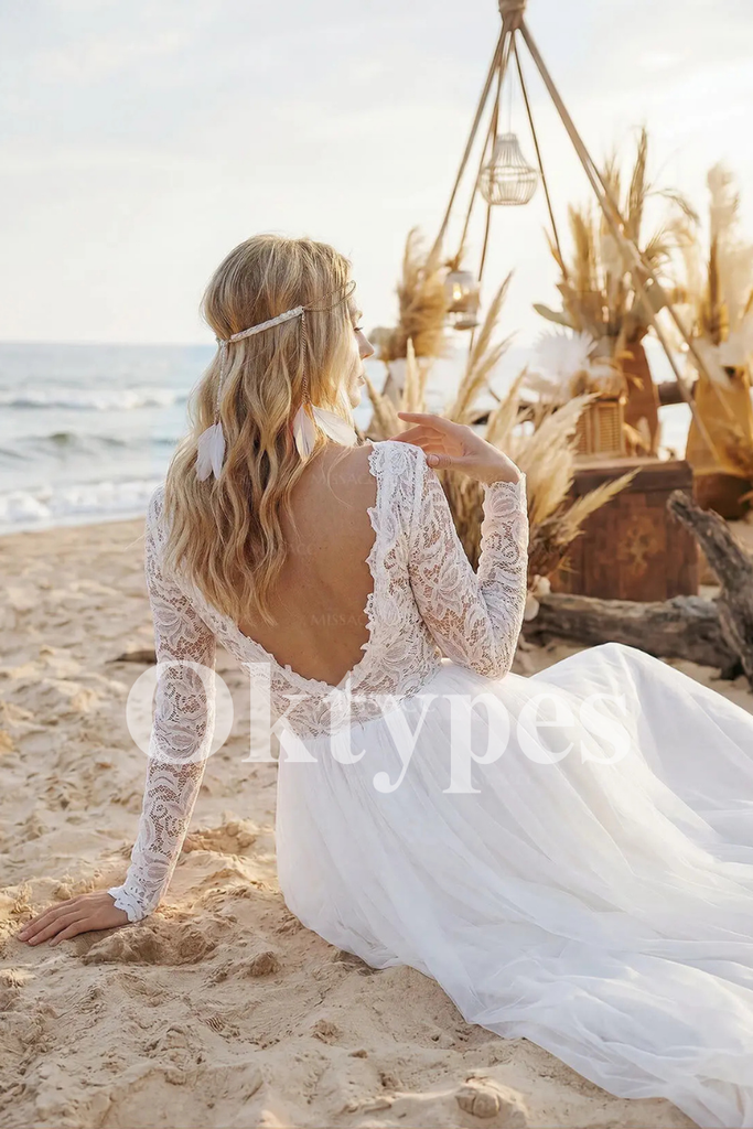 Long Sleeve Lace Wedding Dress - Boho Bridal Gown for Beach Wedding