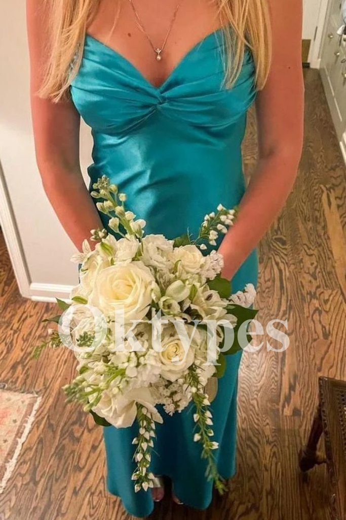 Elegant Teal Satin Prom Dress with V-Neck Knot Detail and Sexy Silhouette 2026