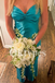 Elegant Teal Satin Prom Dress with V-Neck Knot Detail and Sexy Silhouette 2026