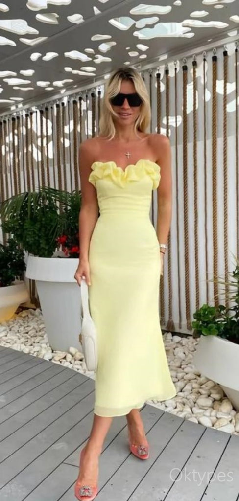 Elegant Lemon Flower-Neck Strapless Women Tea-Length Prom Dresses PDS1201