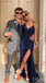 Women Regency Blue Sparkly Spaghetti Strap Side Slit Floor-Length Prom Dresses PDS1169