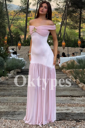 Blush Pink Off-the-Shoulder Prom Dress with Gold Floral Brooch and Pleated Skirt